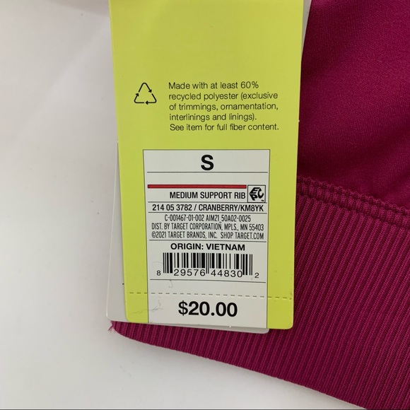 All In Motion Cranberry Sports Bra Medium Support Ribbed Moisture Wicking Nwt - Picture 10 of 13